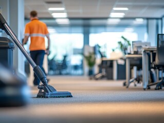 A professional cleaner uses specialized equipment to deep clean an office space while colleagues work in the background, ensuring a tidy environment