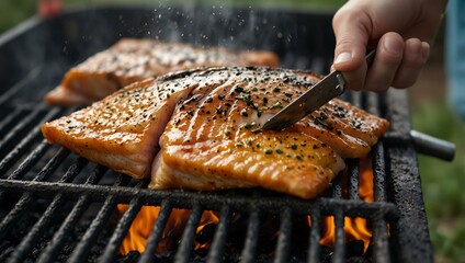 Close-up of fish being flipped on a grill with tongs.