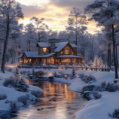 cozy beautiful house waiting for new year holidays, snowy forest, winter landscape