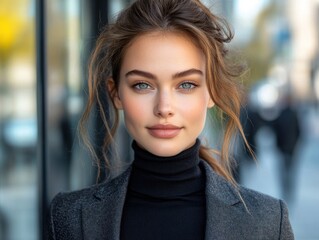 Confident young woman poses outdoors in a chic outfit, showcasing her elegant style and captivating gaze