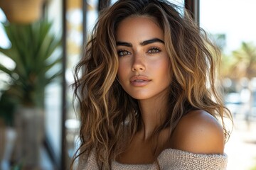 Fototapeta premium Woman with long wavy hair smiles softly while sitting in a lively café surrounded by greenery