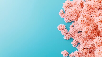 Fototapeta premium Cluster of pink cherry blossoms on a vibrant blue background, creating a contrast between the delicate flowers and the bold color backdrop.