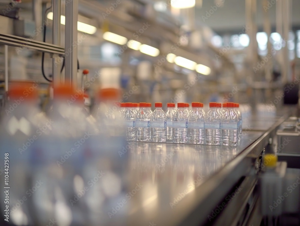 Poster a sterile factory line is busy bottling clear water into transparent plastic bottles, showcasing adv