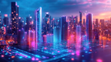 Fototapeta premium Vibrant city skyline features glowing buildings and bright lights during twilight with a high tech atmosphere