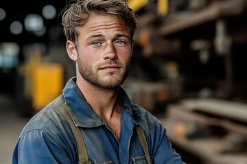 Fototapeta premium Skinny man in work uniform at metal production plant showcasing strength and determination in a challenging work environment