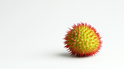   A yellow-red spiky fruit sits atop its side on a white surface