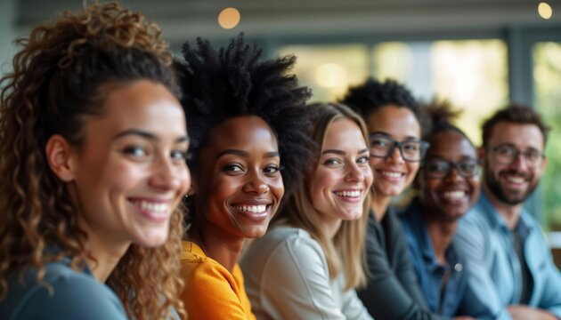 Diverse team smiles for promo pic. People in marketing digital tech. Showing collaboration, unity in workplace. Casual attire. Modern office interior. Happy workers. Successful business. Strong team.