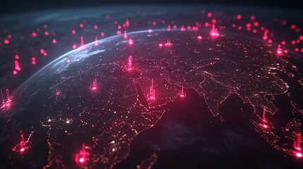 Communication technology with global internet network connected in world wide. Telecommunication and data transfer glowing connection links. IoT, finance, business, blockchain, security.