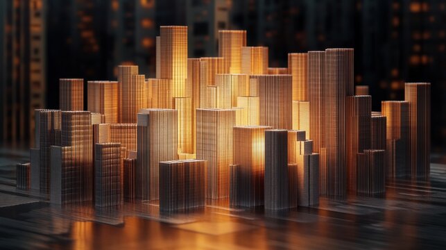 Cityscape with skyscrapers made from TMT bars illuminated in a dark setting showcasing modern architecture at dusk
