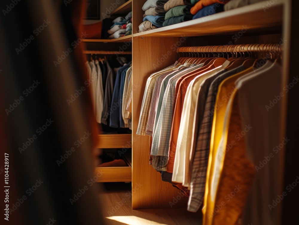 Poster an open wardrobe showcases a well-organized selection of casual and formal wear, illuminated by natu