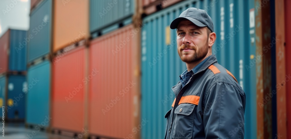 Poster man in work clothes stands at container dock. logistics pro inspecting shipping containers. supply c