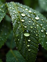 Close-up of green leaves with dew droplets.