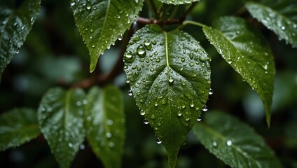Close-up of green leaves with water droplets