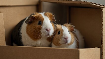 Obraz premium Close-up of guinea pigs and a rabbit in a box, one piggy jumping out.