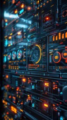 Obraz premium Futuristic digital dashboard with glowing illuminated infographic displays analytics data panels and high tech control console Abstract style background with neon blue and red lights circuits