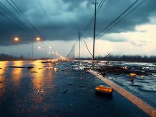 A wide view captures the destruction left by a severe storm, showcasing downed power lines and scattered debris along a slick, damaged road illuminated by distant lights