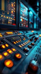 Closeup view of a high tech futuristic control panel with an array of electronic buttons digital displays and interfaces for monitoring controlling and processing various systems and information