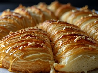 Close-up of kataifi pastry drizzled with honey syrup, revealing a nutty filling.