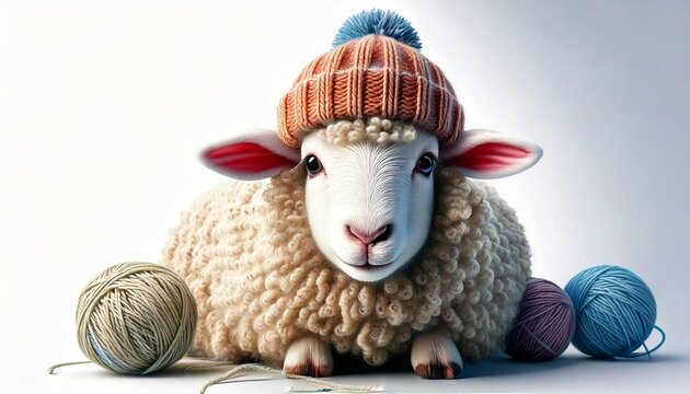sheep with yarn hat pompom hat, funny sheep knitting and wool theme 