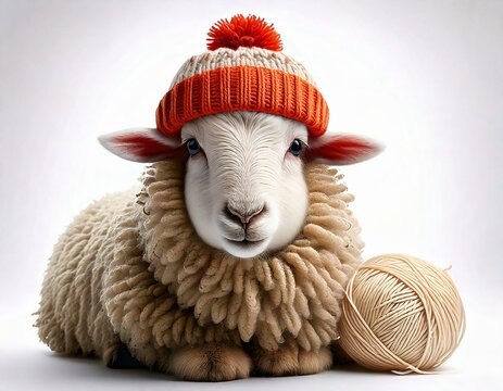 sheep with yarn hat pompom hat, funny sheep knitting and wool theme 