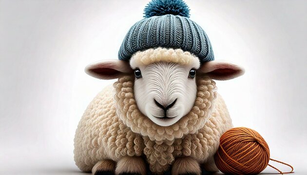 sheep with yarn hat pompom hat, funny sheep knitting and wool theme 