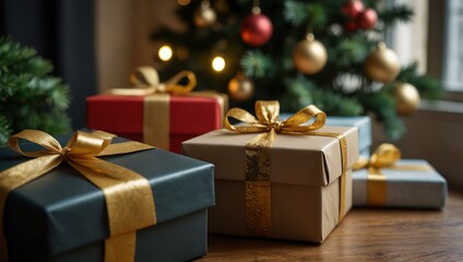Close-up of New Year’s gift boxes beside a Christmas tree.