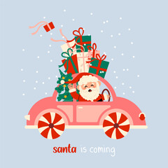 Flat vector Christmas card with Santa Claus in cute car with presents in children's style. Santa Claus waving his hand. Holiday illustration on white background. Xmas cards collection. 