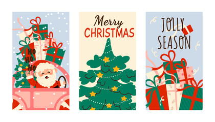 Set of cute Christmas cards with Santa Claus in car with presents, Christmas tree in children's style. Holiday illustration on white background. Xmas cards collection. 