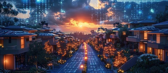 Fototapeta premium Picturesque twilight scene of a tranquil village with cozy glowing houses a quaint path leading over a bridge that reflects in the calm lake all surrounded by a dramatic sunset sky with clouds