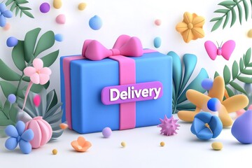 Blue gift box with pink bow and ribbon labeled with the word delivery surrounded by colorful 3d flowers and leaves