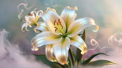 lily flower in foggy cosmic background, created by Generative AI