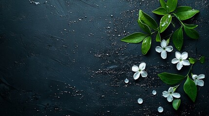   White flowers on black surface with water droplets and green leaves