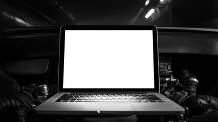 Laptop with a blank screen on a car engine, symbolizing car maintenance and repair. 