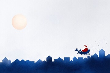Santa Claus flying over city skyline, large glowing moon in background, festive Christmas night illustration, minimalistic winter scene with clean white space for text and design

