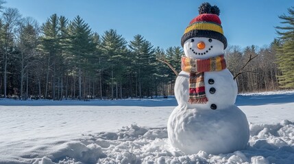 Fototapeta premium A cheerful snowman decked out in a hat and scarf stands tall amidst a snowdrift. Behind him, a serene forest stretches out beneath a crystal-clear sky, completing the wintery tableau. 
