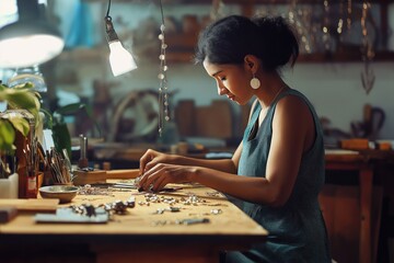 Woman crafts handmade jewelry in workshop. Sits at wooden workbench, arranging metal accessories. Jewelry making studio. Creative woman working on new designs. Focused on detail, craft. Producing