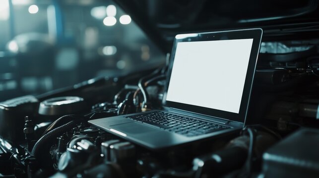 Laptop with a blank screen on a car engine, symbolizing car maintenance and repair. 