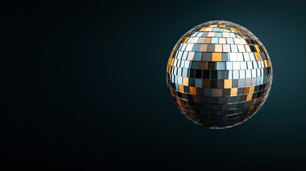 Reflective disco ball with multicolored tiles in dark background, highlighting intricate geometric patterns and vibrant metallic reflections