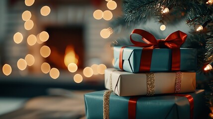   A Christmas tree with presents piled high in front of a roaring fireplace, framed by a beautifully lit tree behind