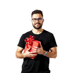 Man with goft box isolated on transparent background. Man with gift box png. Gigt box with red bow