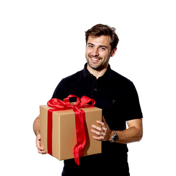 Man with goft box isolated on transparent background. Man with gift box png. Gigt box with red bow