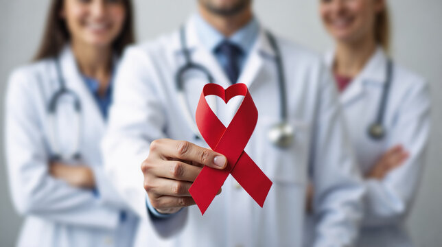 Doctors holding heart shaped red AIDS awareness ribbon. World AIDS Day, AIDS Awareness month, Heart Disease, 1st December.