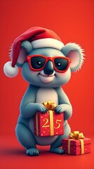 Koala in Santa hat, sunglasses and gifts on pink background