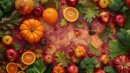 photograph of fresh vegtables and fruits on maple background, flatlay concept topview wide angle lens