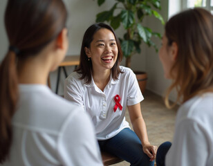 Happy asian woman with red awareness ribbon at HIV AIDS support group meeting. World AIDS Day, AIDS Awareness month, Heart Disease, 1st December.