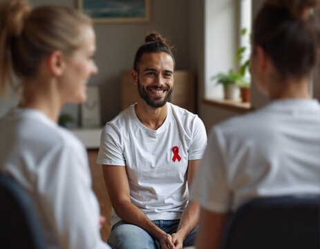 Smiling man in white with red ribbon at HIV AIDS support group meeting