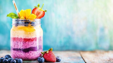   A mason jar brimming with fruit, garnished with a strawberry slice