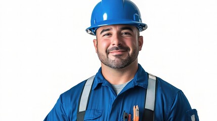 Confident Male Construction Worker in Blue Hard Hat and Uniform
