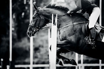 A bay racehorse with a rider in the saddle jumps a high barrier, illuminated by sunlight. Equestrian sport. Horseback riding.
