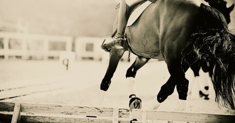 A black-and-white image of a horse, galloping at a dressage competition. Equestrian sports and...